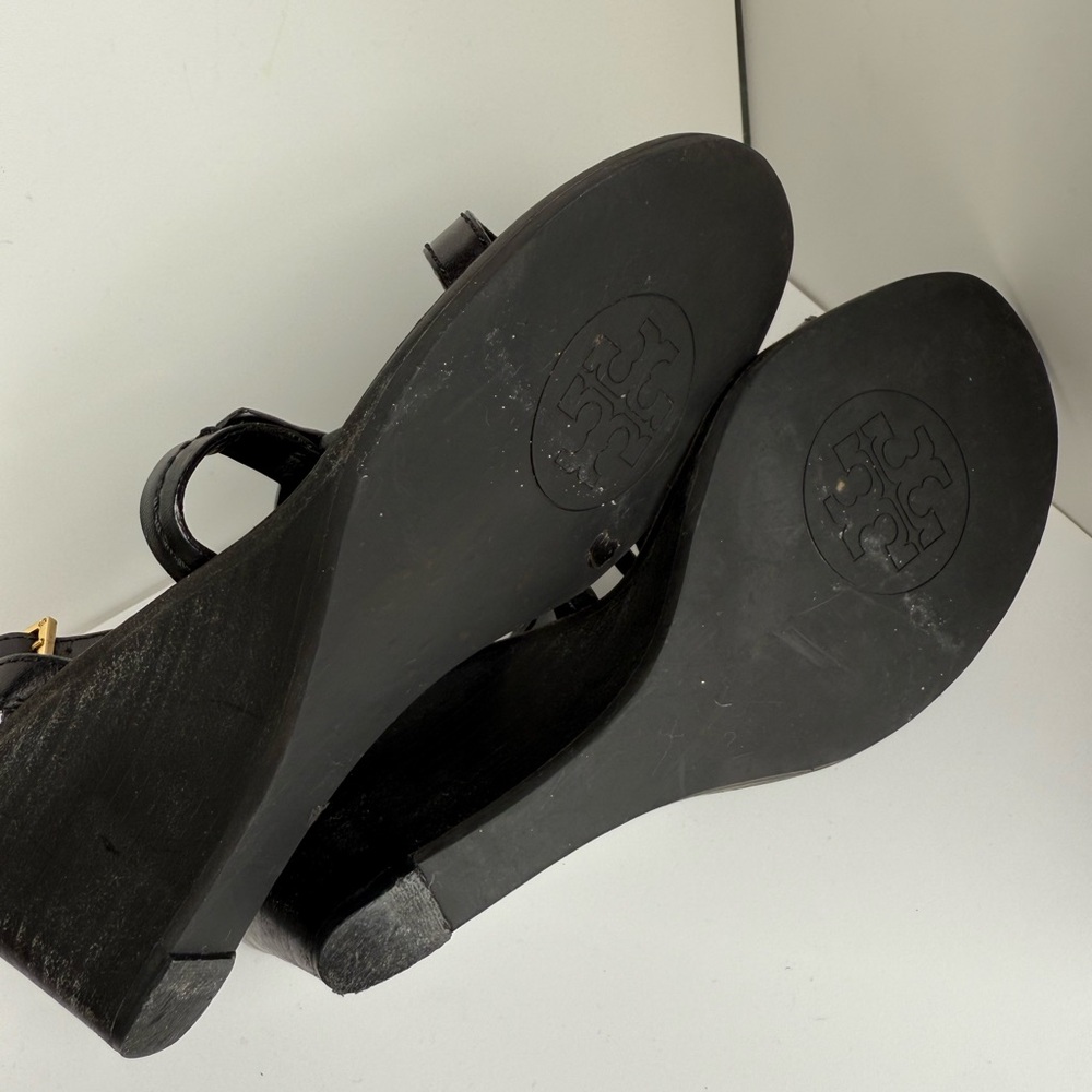 Tory Burch Black Leather Miller Logo Wedge Ankle Strap Sandals Size 7M - Picture 9 of 11